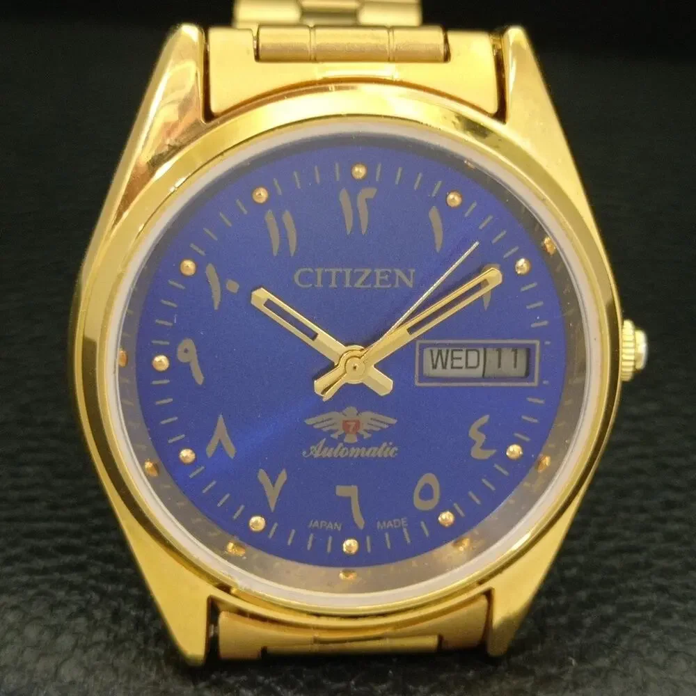 Vintage 1995 Arabic Citizen Automatic Mens Gold Watch W/daydate & Blue accents